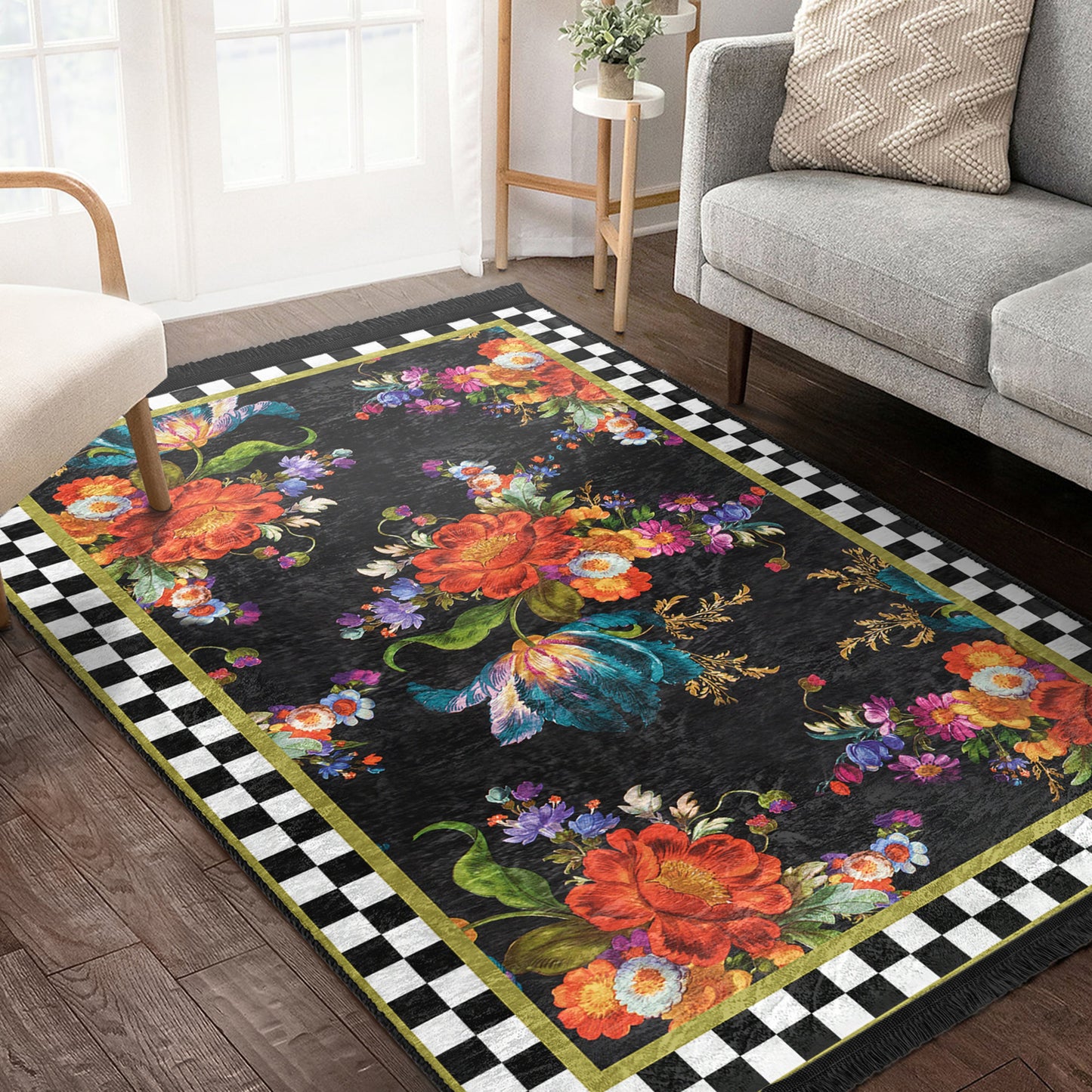 Floral and Checkered Rug