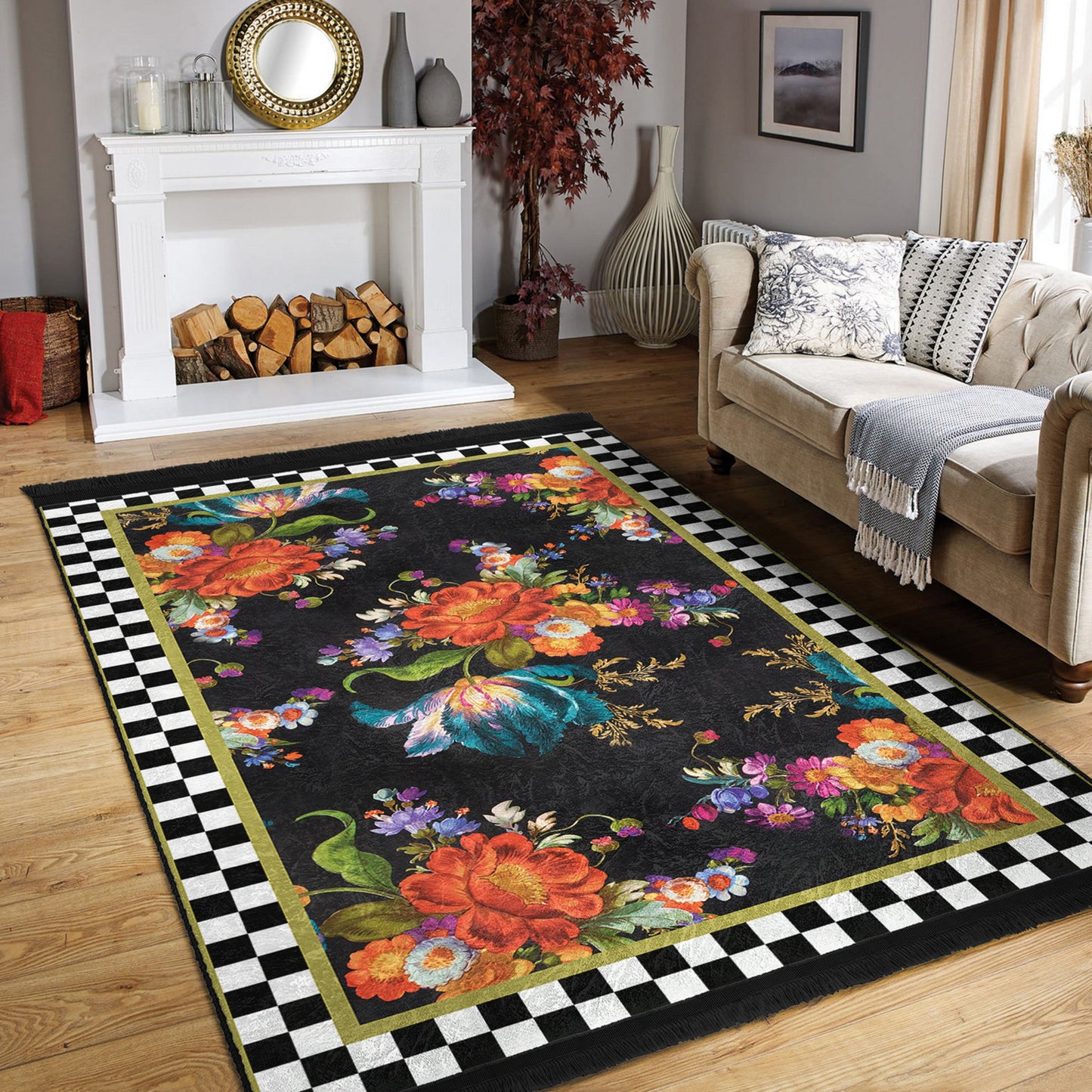 Floral and Checkered Rug