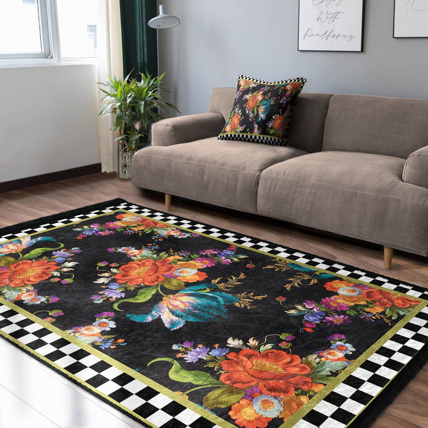 Floral and Checkered Rug