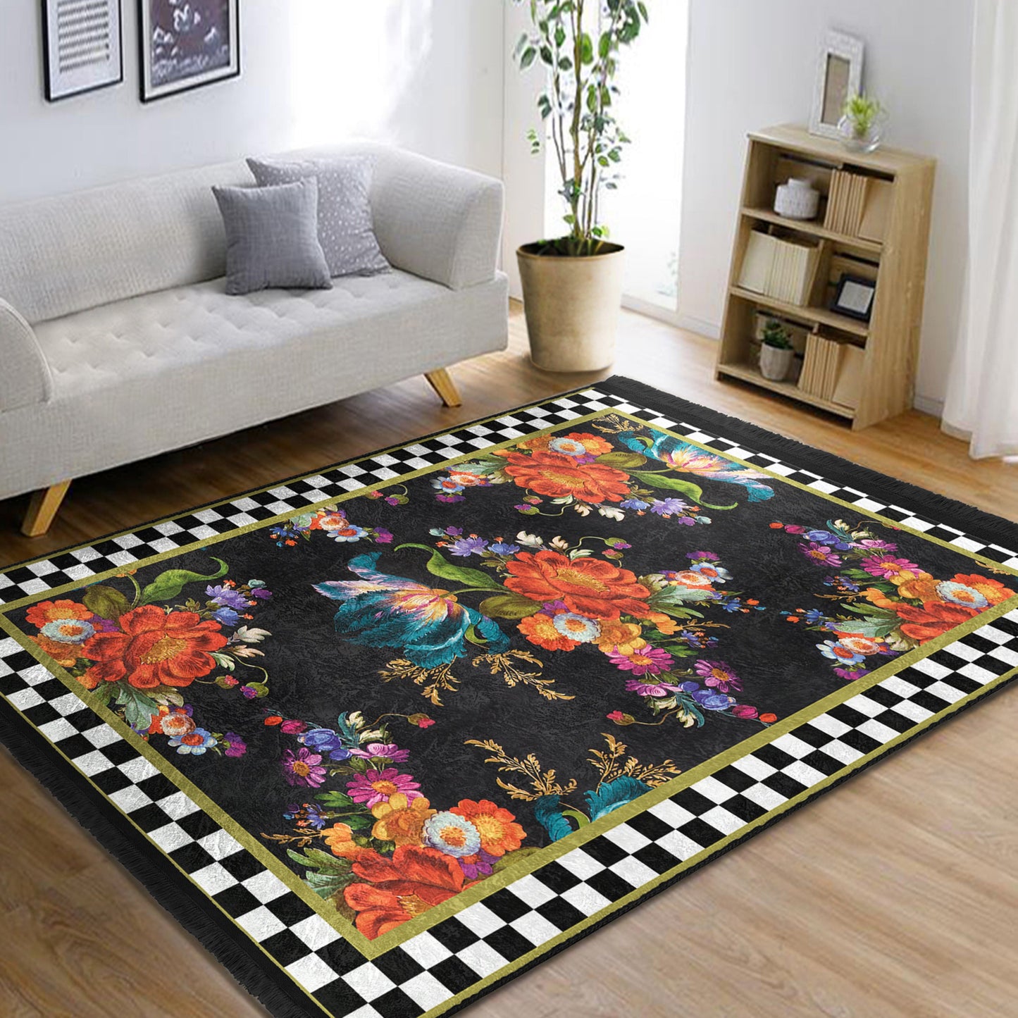 Floral and Checkered Rug