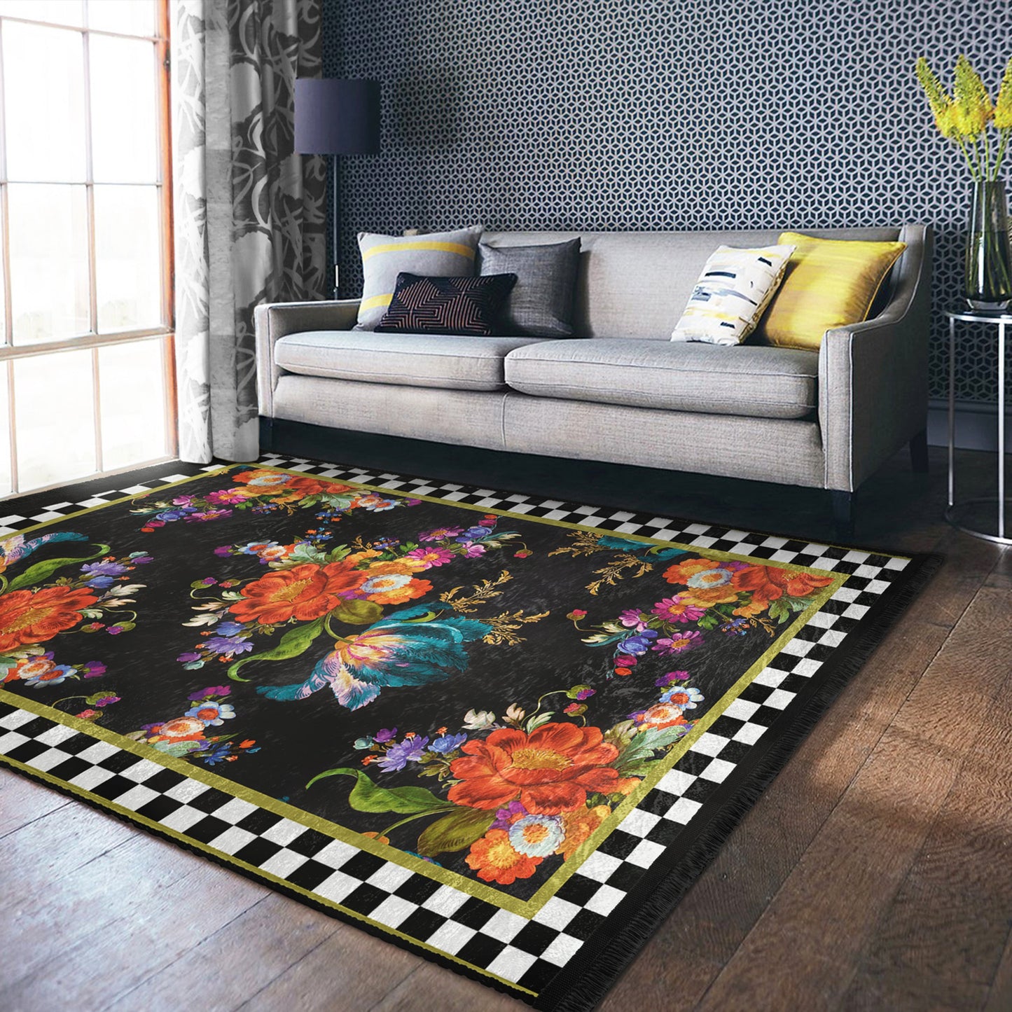 Floral and Checkered Rug