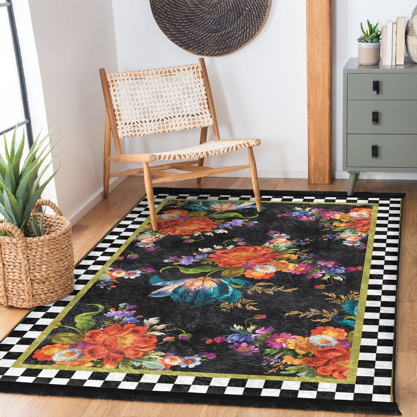 Floral and Checkered Rug