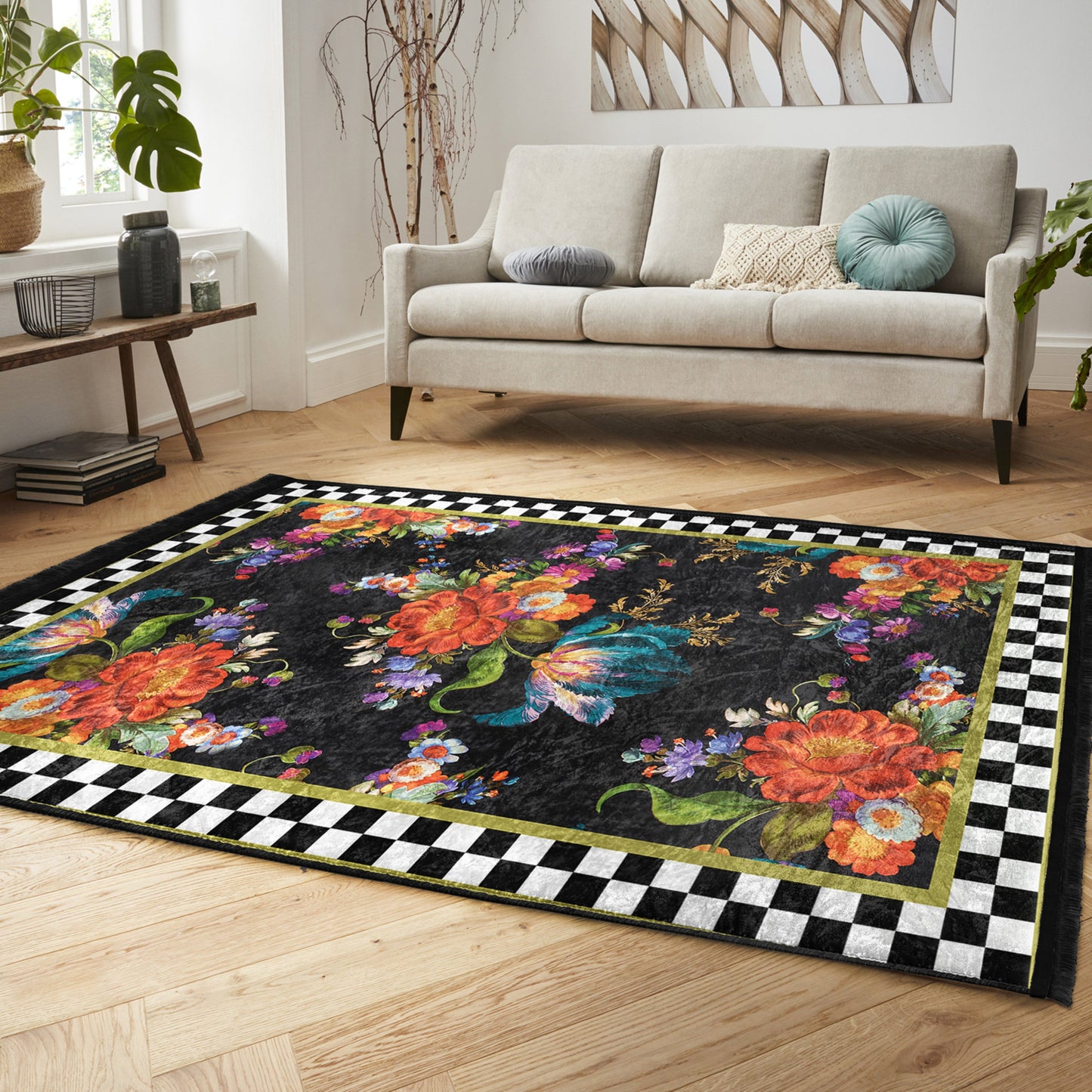 Floral and Checkered Rug