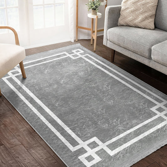 Sophisticated Grey Rug with White Border