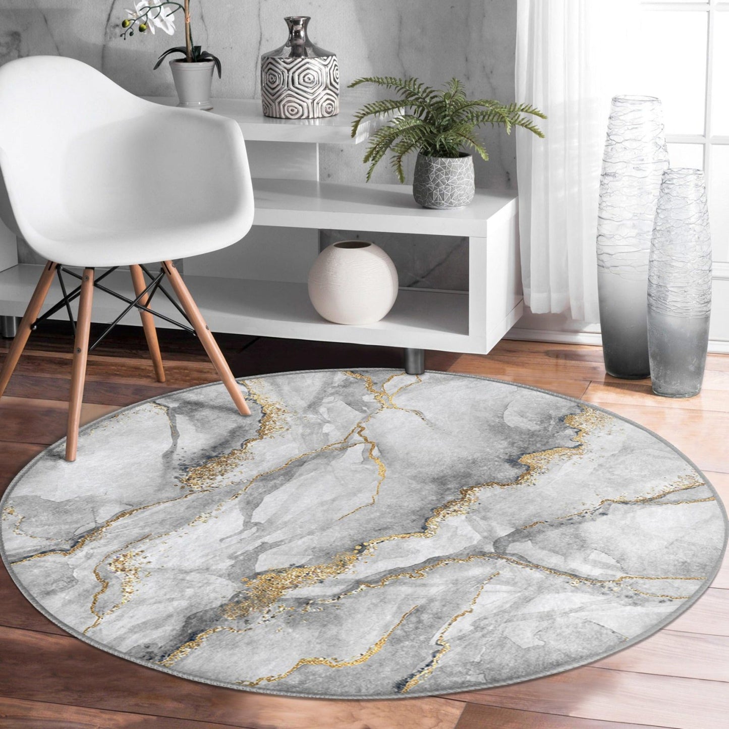 Grey Marble Design Round Rug