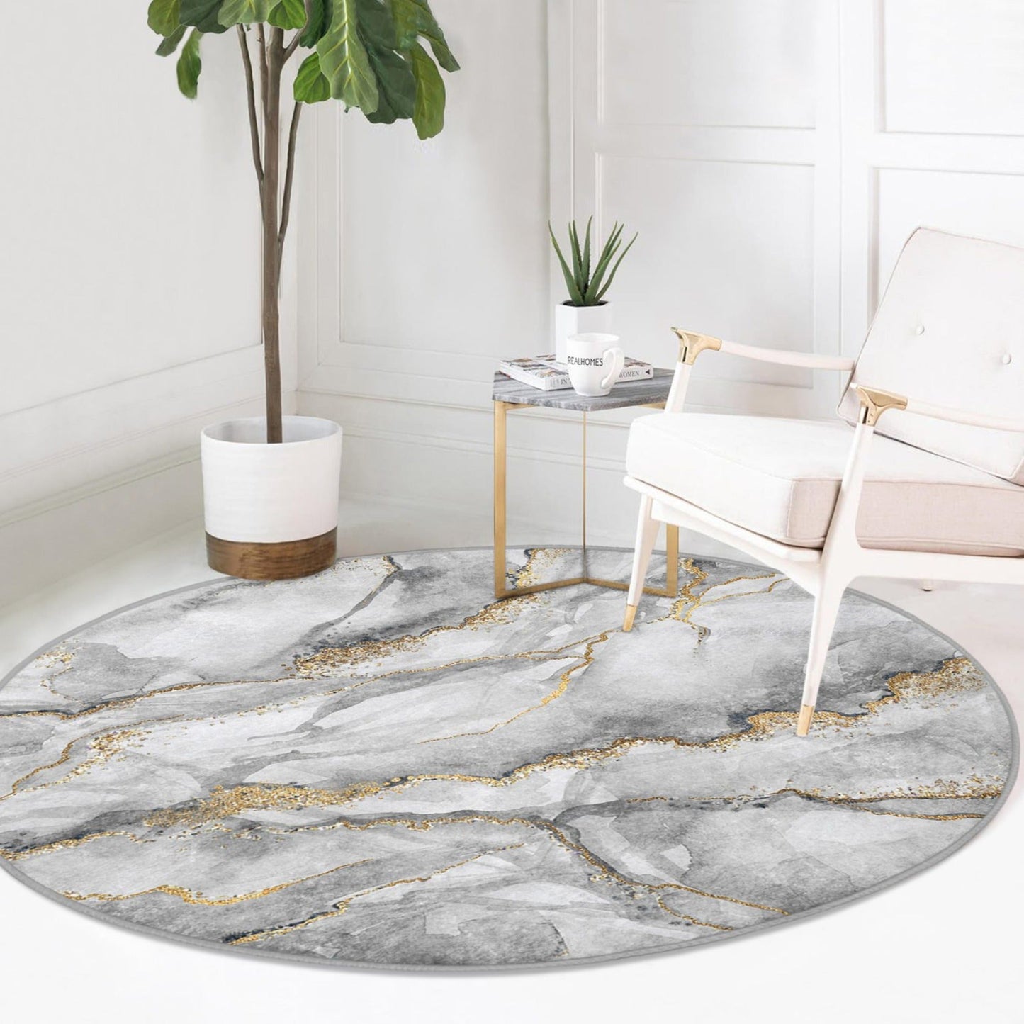 Grey Marble Design Round Rug