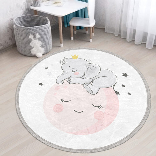 Baby Elephant with Moon Round Rug