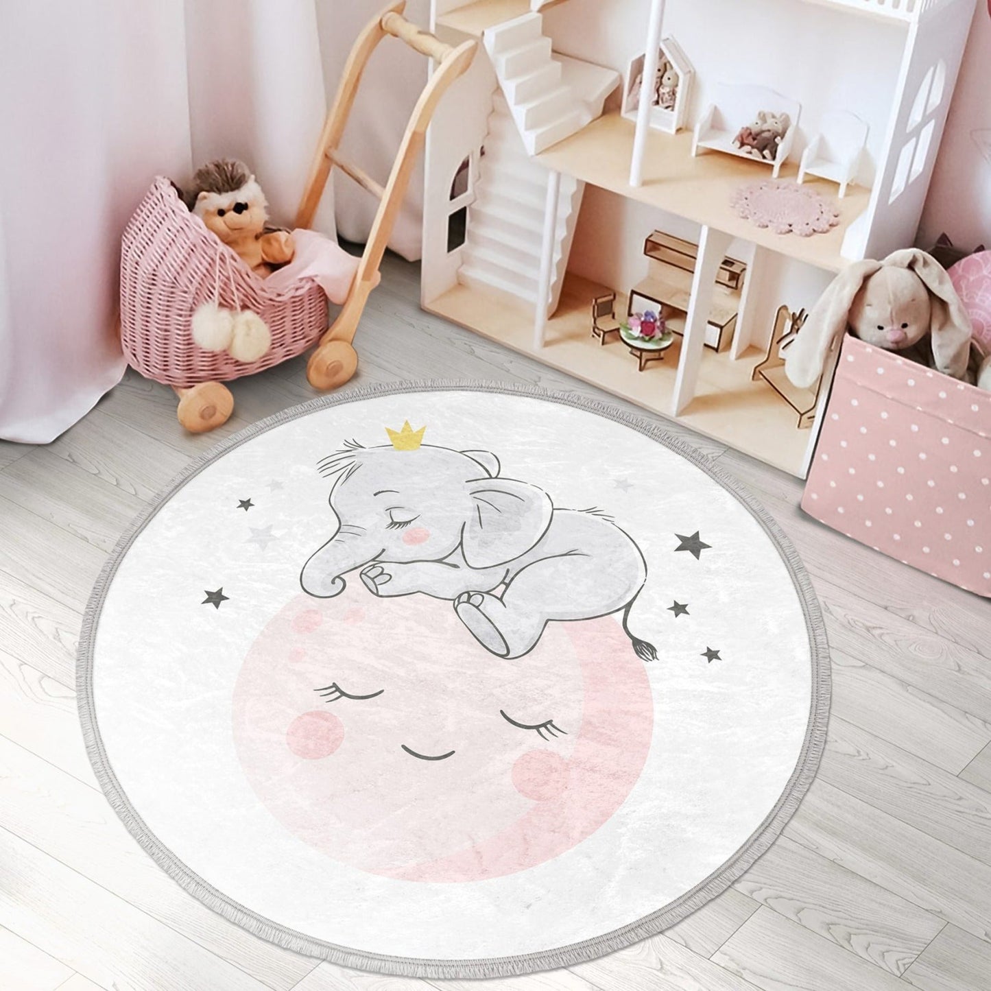 Baby Elephant with Moon Round Rug