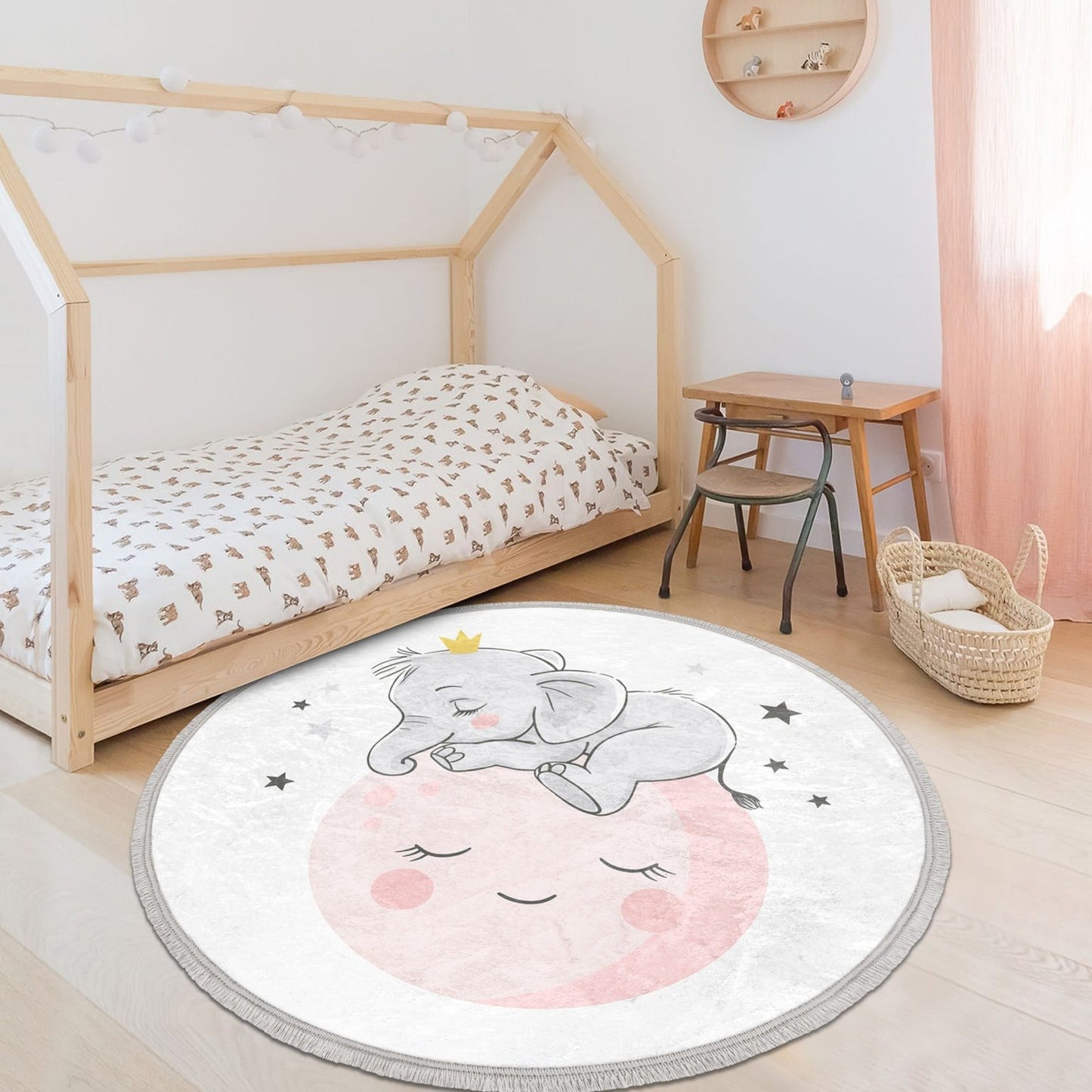 Baby Elephant with Moon Round Rug