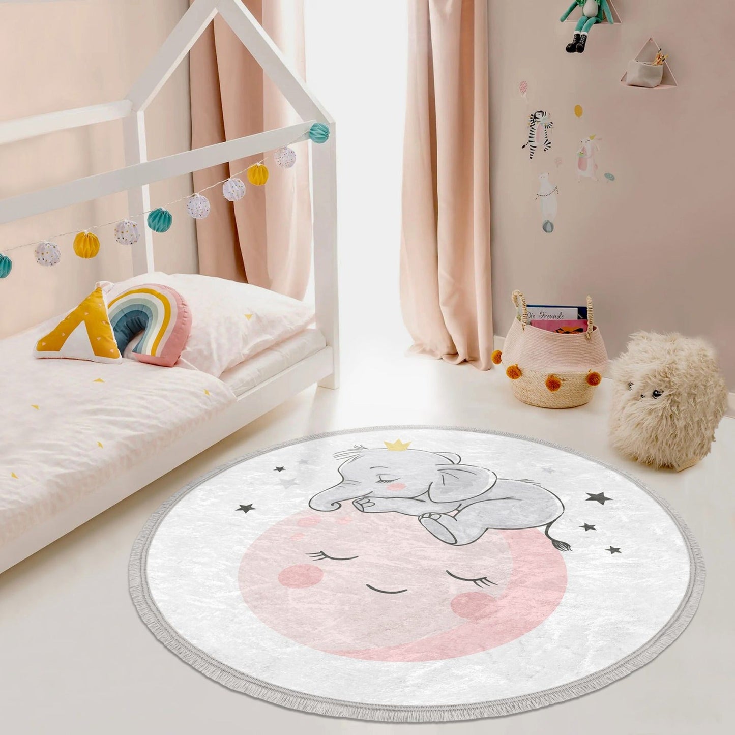 Baby Elephant with Moon Round Rug